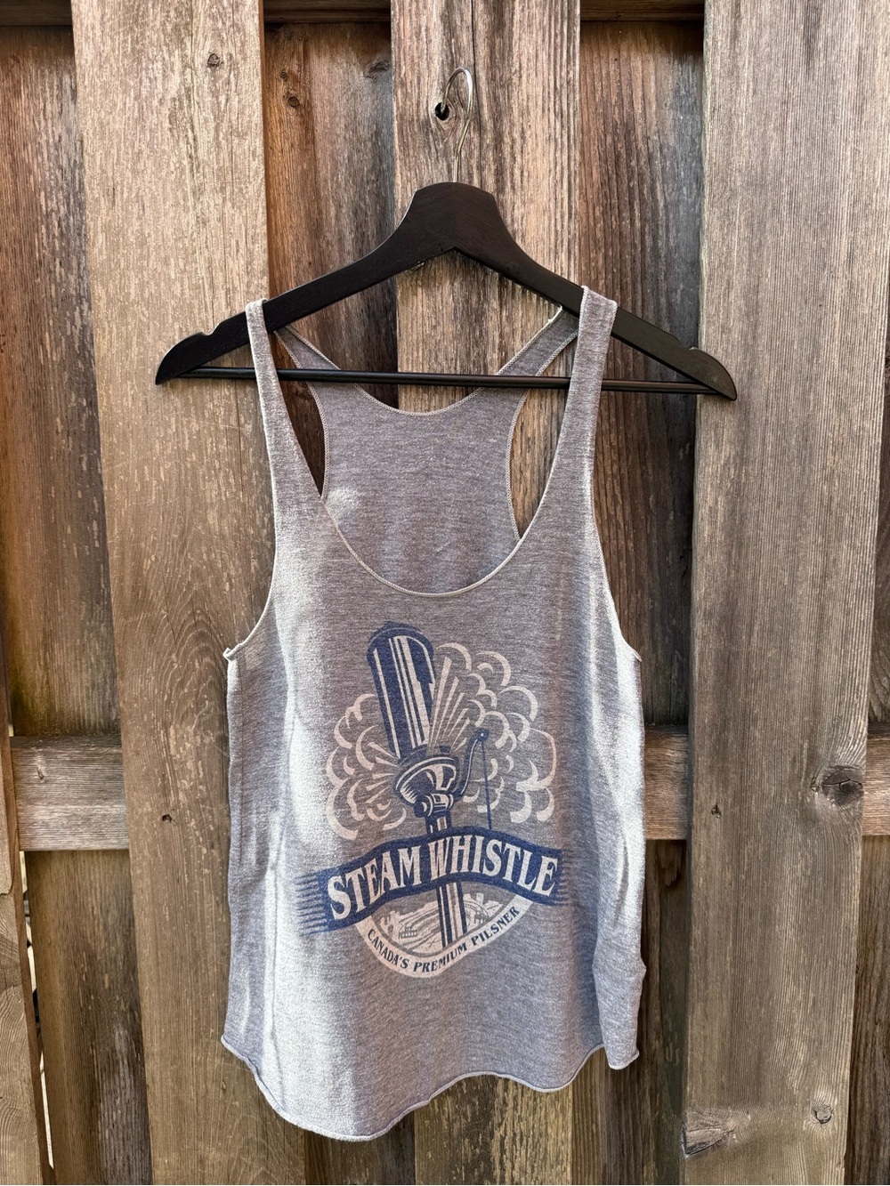 American Apparel Gray Racerback Tank with Blue Steam Whistle Graphic